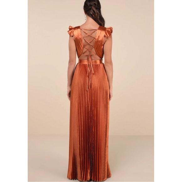 Lulus Elegant Copper Pleated Maxi Dress Sz 2X - Picture 4 of 5